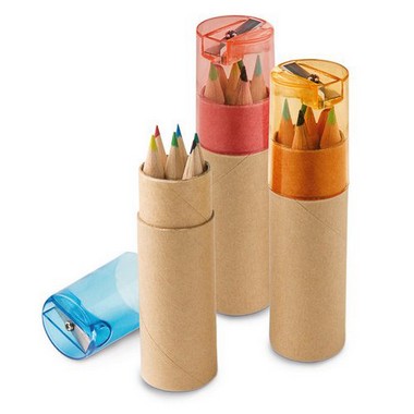 Caja tubo con 6 lápices de color y sacapunta